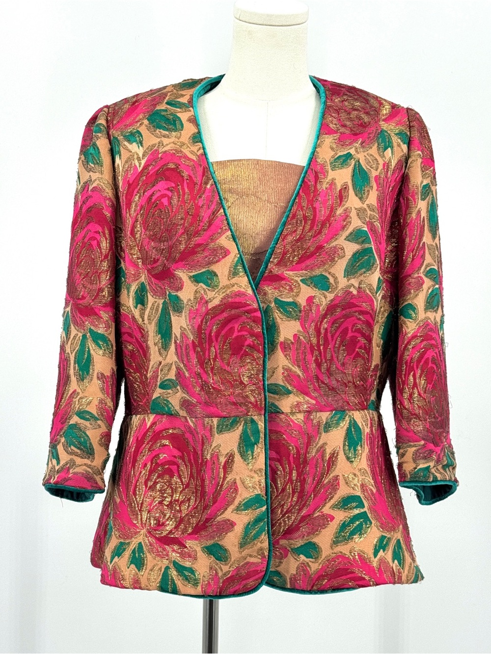 Vintage Hand Made Floral Brocade Peplum Jacket Camisole Set Fuchsia Gold Green